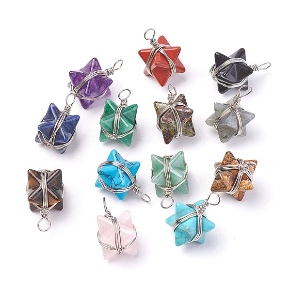 

PandaHall Natural & Synthetic Mixed Stone Pendants, with Brass Findings, Merkaba Star, Platinum, 24~27x17x17mm, Hole: 3.5~4mm Mixed Stone...