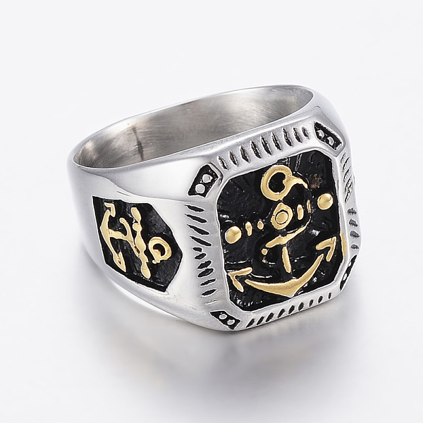 

PandaHall 304 Stainless Steel Signet Rings for Men, Wide Band Finger Rings, Square with Anchor, Antique Silver & Antique Golden, Size 13...