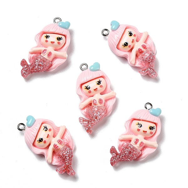 

PandaHall Opaque Resin Pendants, with Glitter Powder and Platinum Tone Iron Loops, Mermaid, Pink, 34x18x6mm, Hole: 2mm Iron+Resin Human Pink
