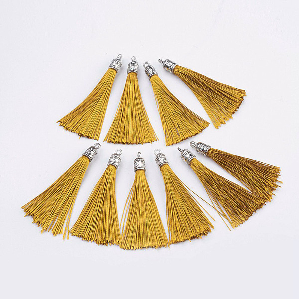 

PandaHall Nylon Tassels Big Pendant Decorations, with Antique Silver Alloy Findings, Gold, 55~67x7mm, Hole: 2mm Nylon Gold