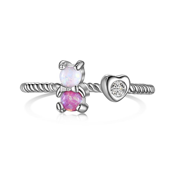 

PandaHall Bear & Heart Rhodium Plated 925 Sterling Silver Open Cuff Rings, with Synthetic Opal, Real Platinum Plated, US Size 6 3/4(17.1mm)...