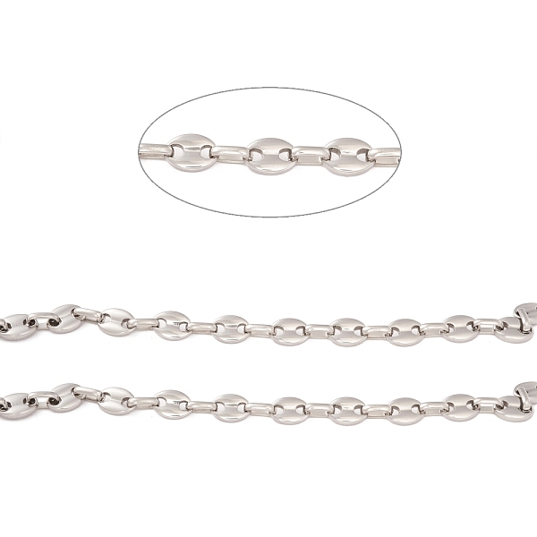 PandaHall 304 Stainless Steel Coffee Bean Chain, Unwelded, Stainless Steel Color, Link: 9x6x1.5mm and 7x4.5x1.5mm 304 Stainless Steel