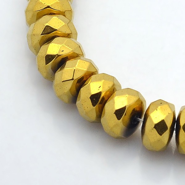 

PandaHall Electroplate Non-magnetic Synthetic Hematite Beads Strands, Faceted Rondelle, Golden Plated, 10x6mm, Hole: 1mm, about 67pcs/strand...