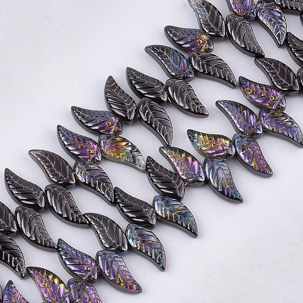 

PandaHall Electroplate Glass Beads Strands, Leaf, Black, 18x8x5mm, Hole: 0.8mm, about 100pcs/strand, 24.4 inch Glass Leaf Black