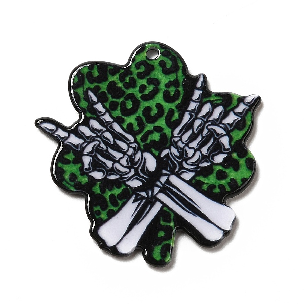 

PandaHall Halloween Printed Acrylic Pendants, Saint Patrick's Day, Skeleton Hand Pattern, 36x35.5x2mm, Hole: 2mm Acrylic Skeleton
