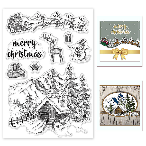 

PandaHall GLOBLELAND Christmas Snow House Background Clear Stamps Xmas Santa Claus Deer Lace Silicone Clear Stamp Seals for Cards Making DIY...