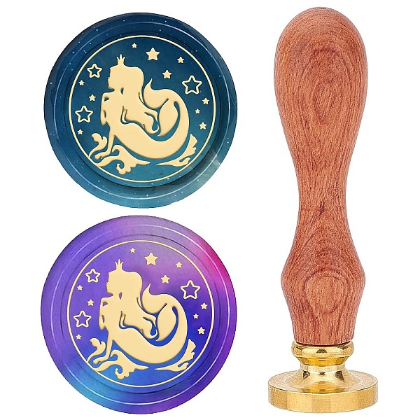 PandaHall Brass Wax Seal Stamps with Rosewood Handle, for DIY Scrapbooking, Mermaid, 25mm Brass Mermaid