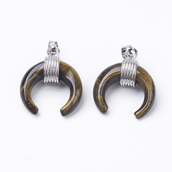 

PandaHall Natural Tiger Eye Pendants, with Brass Findings, Double Horn/Crescent Moon, Platinum, 22~23x19~20x9mm, Hole: 5x7mm Tiger Eye Moon