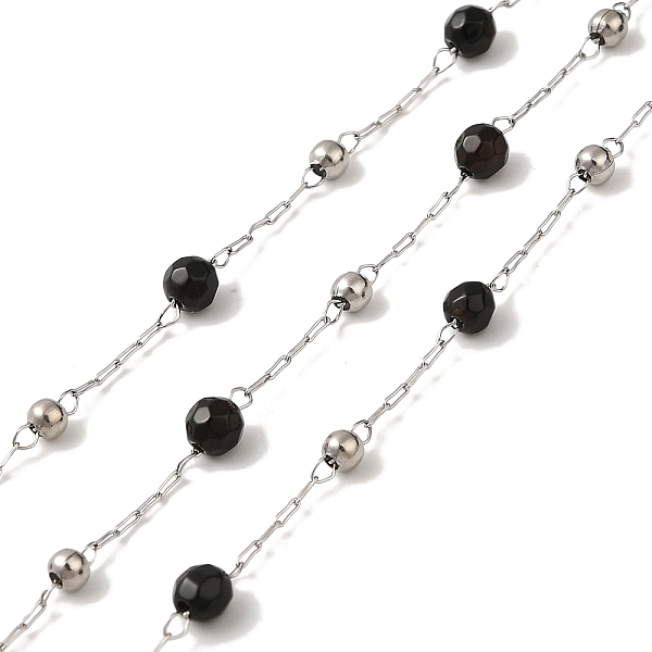 

PandaHall Natural Black Agate Round Beaded Chains, with 304 Stainless Steel Cable Chains, Soldered, with Spool, Stainless Steel Color...