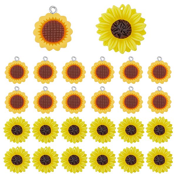 

PandaHall HOBBIESAY 48Pcs 2 Styles Opaque Resin Pendants, Sunflower Charms, Yellow, 24x19.5~24x5~7mm, Hole: 1~2mm, 24pcs/style Resin Flower...
