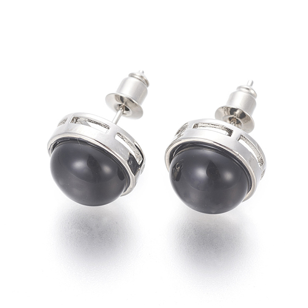 

PandaHall Natural Black Agate Stud Earrings, with Brass Findings, Half Round, Platinum, 12mm, Pin: 0.8mm Black Agate