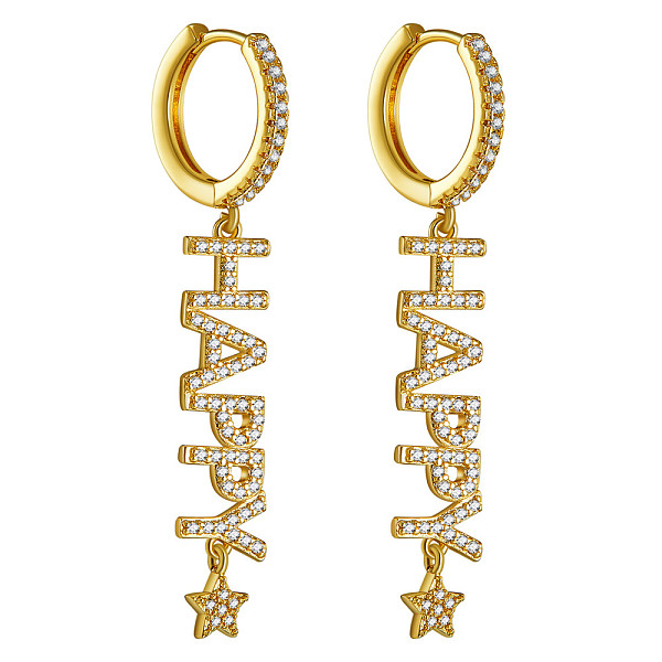 

PandaHall SHEGRACE Brass Hoop Earrings, Dangle Earrings, with Grade AAA Cubic Zirconia, Star and Word Happy, Real 18K Gold Plated, Clear...