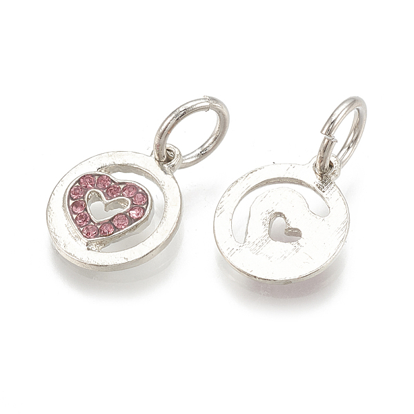 

PandaHall Alloy Charms, with Rhinestone, Flat Round with Heart, Platinum, Light Rose, 15x12.5x2mm Alloy+Rhinestone Flat Round Pink