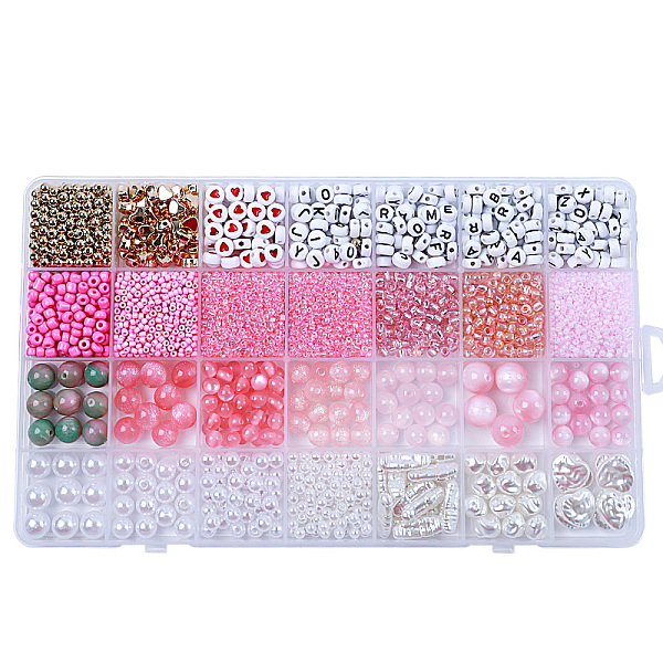 

PandaHall DIY 28 Style Resin & Acrylic & ABS Beads Jewelry Making Finding Kit, Flat Round & Rice & Barrel & Nugget & Heart & Strip, Pearl...