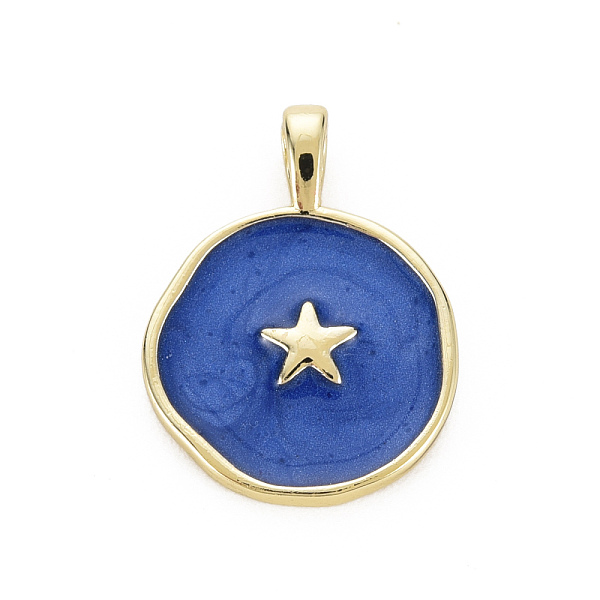 

PandaHall Brass Enamel Pendants, Cadmium Free & Nickel Free & Lead Free, Real 16K Gold Plated, Flat Round with Star, Dark Blue...