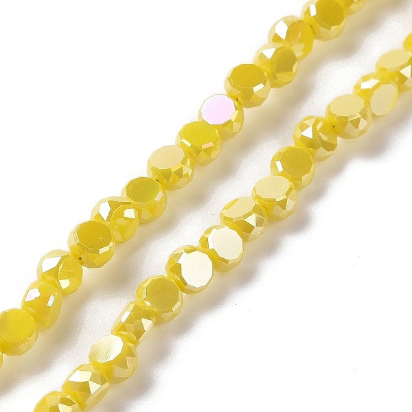 

PandaHall Electroplate Glass Beads Strands, AB Color Plated, Faceted, Flat Round, Yellow, 4.5x2.5~3mm, Hole: 0.8mm, about 145~150pcs/strand...
