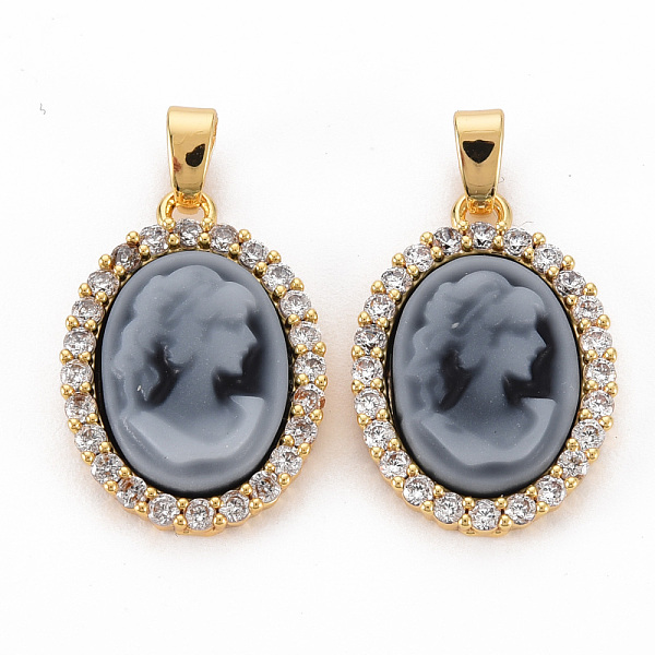 

PandaHall Brass Lilac Cubic Zirconia Pendants, with Cameo Resin, Nickel Free, Oval, Gray, 20x14x4mm, Hole: 4x2.5mm Brass+Cubic Zirconia Oval...