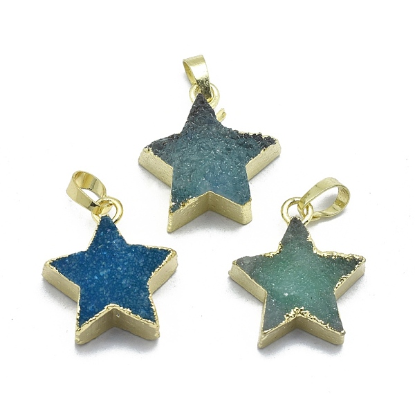 

PandaHall Natural Druzy Agate Pendants, Edge Golden Plated, with Golden Tone Brass Finding, Star, Dyed & Heated, Steel Blue...
