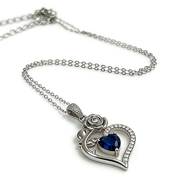 Colliers à chaîne avec pendentif en forme de cœur rose en argent sterling plaqué rhodium avec 925 pierre de naissance pavée de zircone...