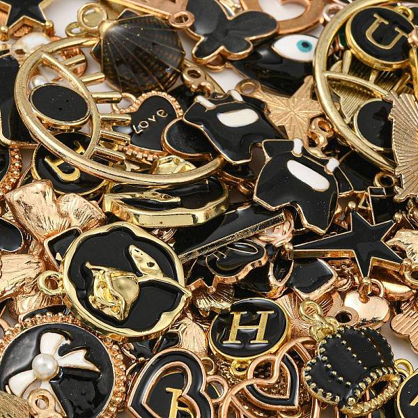 

PandaHall Alloy Enamel Pendants, Mixed Shape, Mixed Metal Color, Black, 8~40x4.5~30.5x1~5mm, Hole:0.8~3mm Alloy+Enamel Mixed Shapes Black