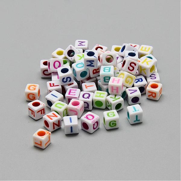 

PandaHall Opaque Acrylic Beads, Horizontal Hole, Cube with Letters, Mixed Color, 5.5~6x5.5~6x5.5~6mm, Hole: 3.5mm, about 3000pcs/500g..., Multicolor