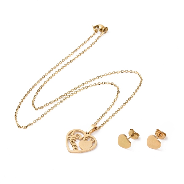 

PandaHall 304 Stainless Steel Heart with Word Love U Mama Stud Earrings and Pendant Necklace Set, Jewelry Set for Mother's Day, Golden...