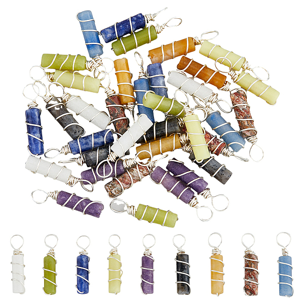 

PandaHall 36Pcs 9 Styles Natural Mixed Gemstone Pendants, Silver Plated Brass Wire Wrapped Column Charms, 22x13~14mm, Hole: 4mm, 4pcs/style...