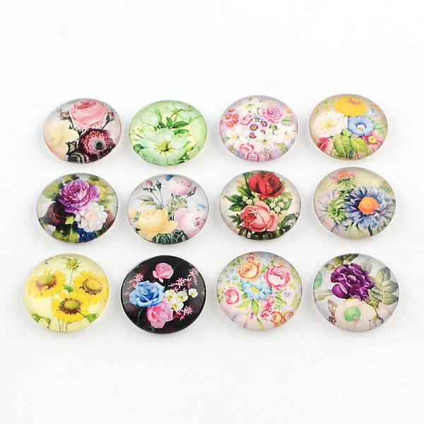 

PandaHall Half Round/Dome Floral Pattern Glass Flatback Cabochons for DIY Projects, Mixed Color, 25x6mm Glass Half Round Multicolor