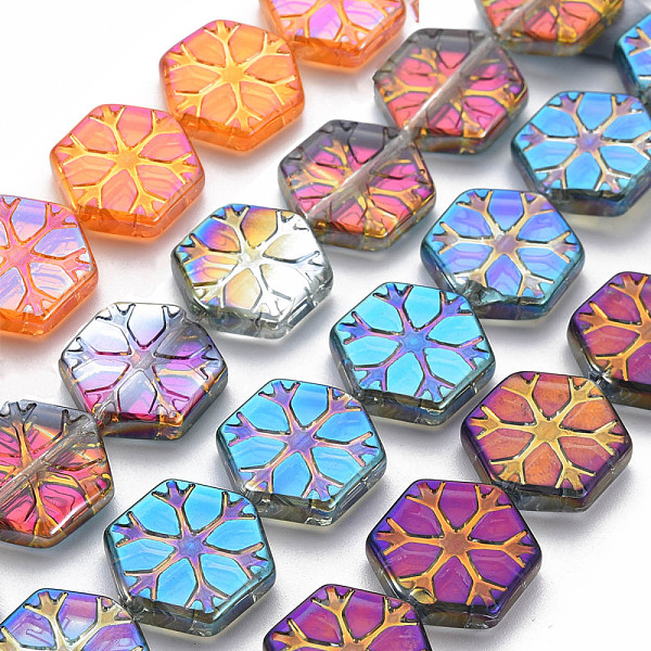 

PandaHall Electroplate Glass Beads Strands, Hexagon Snowflake, Mixed Color, 16x15x4mm, Hole: 1.2mm, about 25.2pcs/strand, inches(64cm) Glass..., Multicolor