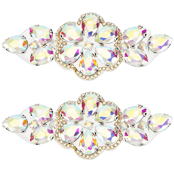 PandaHall FINGERINSPIRE 2PCS Flower Crystal Applique Patch Hot Fix Applique (AB Color, 12.6x4.9cm) Flower ＆ Leaf Glass Rhinestones Belt...