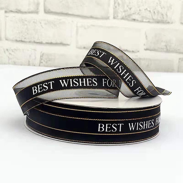

PandaHall Printed Polyester Satin Ribbon, Word Best Wishes For You, Black, 1 inch(24mm), about 44.84 Yards(41m)/Roll Polyester Black