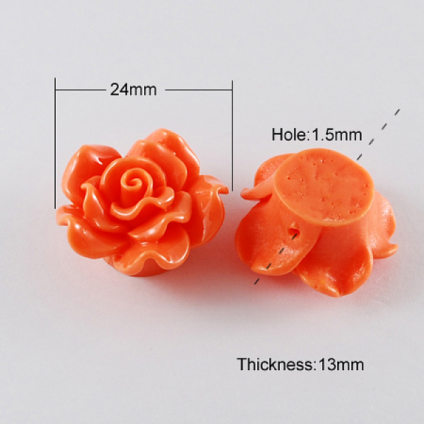 PandaHall Resin Beads, Flower Rose, Orange Red, 24x13mm, Hole: 1.5mm Resin Flower Red