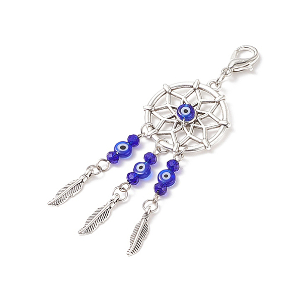 

PandaHall Woven Net/Web with Feather Tibetan Style Alloy Pendant Decorations, with Handmade Evil Eye Lampwork Bead & Alloy Lobster Claw..., Blue