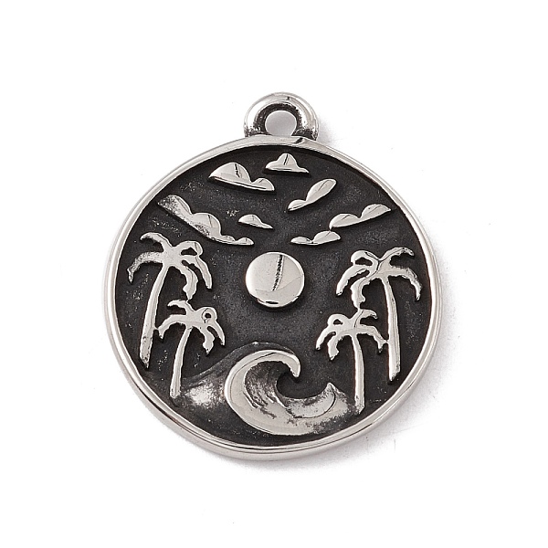 

PandaHall 304 Stainless Steel Pendants, Flat Round with Beach, Antique Silver, 22x19x2mm, Hole: 1.6mm 304 Stainless Steel Flat Round