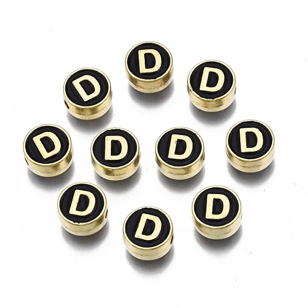 

PandaHall Alloy Enamel Beads, Cadmium Free & Lead Free, Light Gold, Flat Round with Alphabet, Black, Letter.D, 8x4mm, Hole: 1.5mm...
