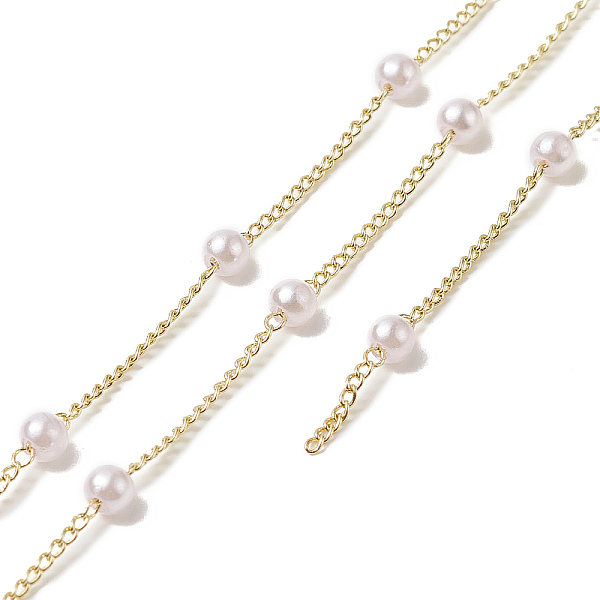 

PandaHall Handmade Plastic Pearl Beaded Chains, with Rack Plating Brass Curb Chains, Soldered, with Card Paper, Golden, 6.5x4mm Plastic..., White