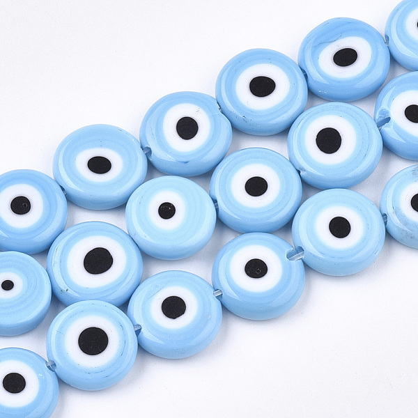

PandaHall Handmade Evil Eye Lampwork Beads Strands, Flat Round, Light Sky Blue, 11~13x4~5mm, Hole: 1.2mm, about 31~33pcs/strand, 14.1...