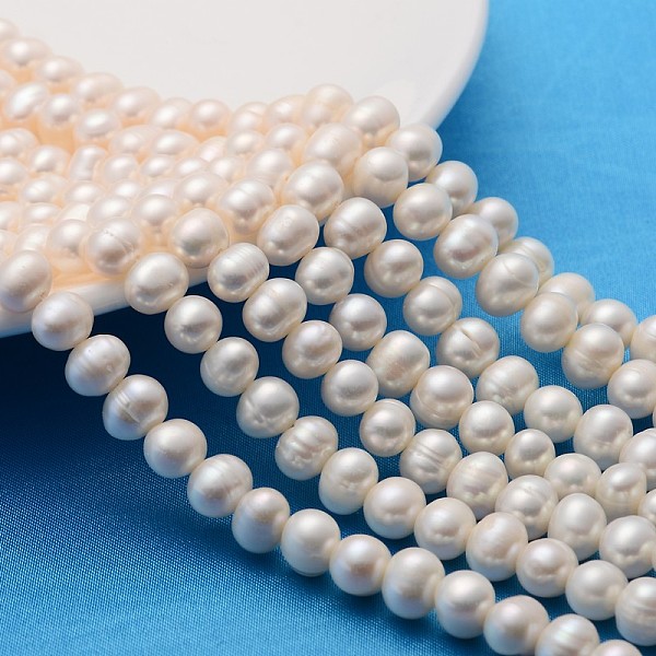 grade a natural cultured freshwater pearl beads strands, nice for mother's day jewelry making, round, natural color, white, 7~8mm, hole: 0.8mm; 14.1~14.5inches