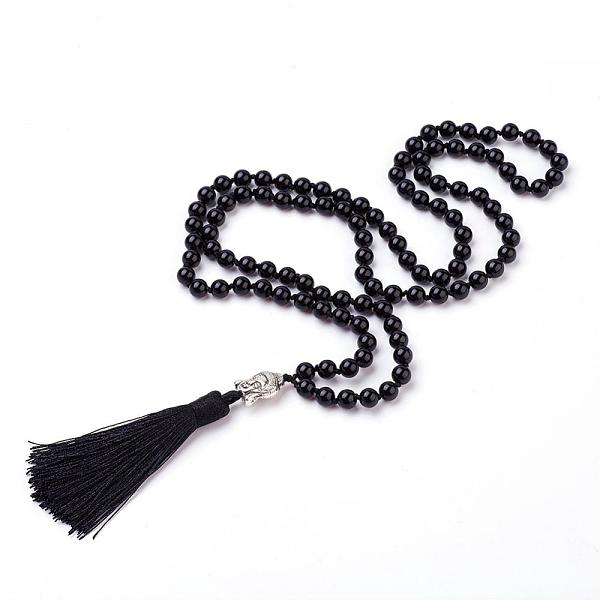 

PandaHall Tassel Pendant Necklaces, with Natural Black Agate Beads, Buddha Head, 31.1 inch~33 inch(79~84cm) Black Agate