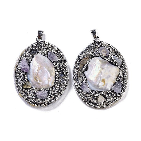 

PandaHall Natural Shell Polymer Clay Rhinestone Pendants, Resin Amethyst Teardrop Charms with Platinum Plated Brass Snap on Bails, Black...