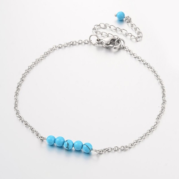 

PandaHall Round Synthetic Turquoise Beads Anklets, with Stainless Steel Chains and Lobster Clasps, 220x2mm Synthetic Turquoise