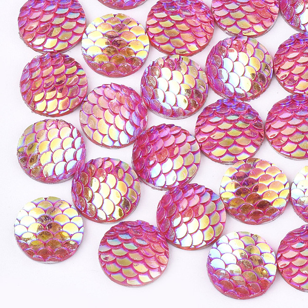 PandaHall Resin Cabochons, AB-Color, Flat Round with Mermaid Fish Scale, Deep Pink, 12x3mm Resin Flat Round Pink
