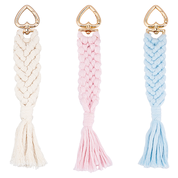 

PandaHall CHGCRAFT 3 Strands 3 Colors Golden Tone Alloy Heart Keychain Clasps, Hand-Woven Cotton Rop, Mixed Color, 175x28x8mm, 1strand/color..., Multicolor