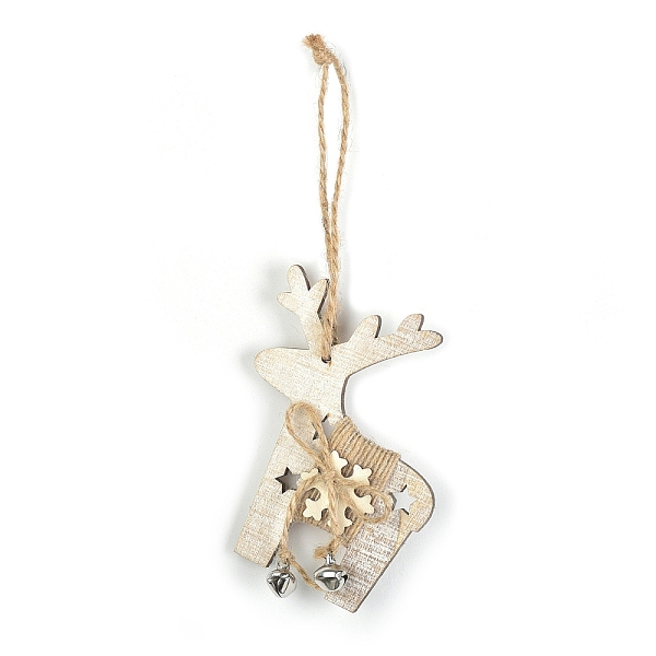 

PandaHall Wooden Pendant Decorations with Bell, Hemp Rope Christmas Tree Hanging Ornament, Deer, 100x80x10mm Wood Deer