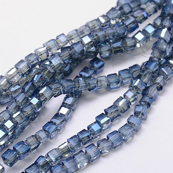 

PandaHall Electroplate Glass Bead Strands, Full Rainbow Plated, Faceted, Cube, Cornflower Blue, 4x4x4mm, Hole: 1mm, about 98pcs/strand, 15.7...