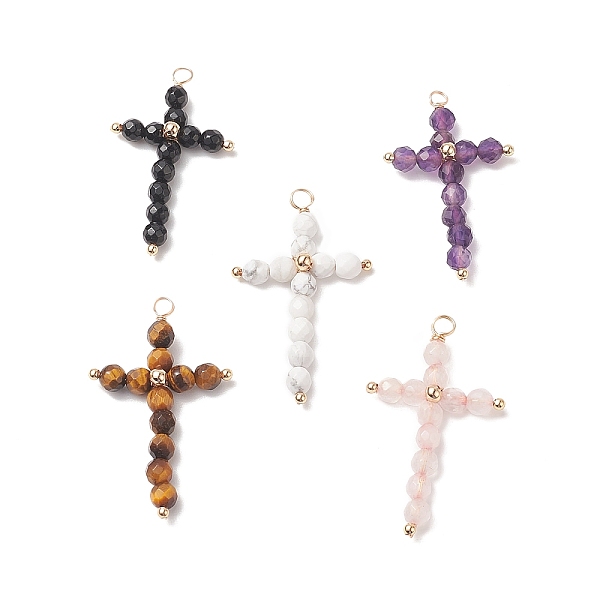 

PandaHall Natural Mixed Stone Faceted Round Copper Wire Wrapped Pendants, Cross Charms, Light Gold, 38x23x5mm, Hole: 2.5mm Mixed Stone Cross