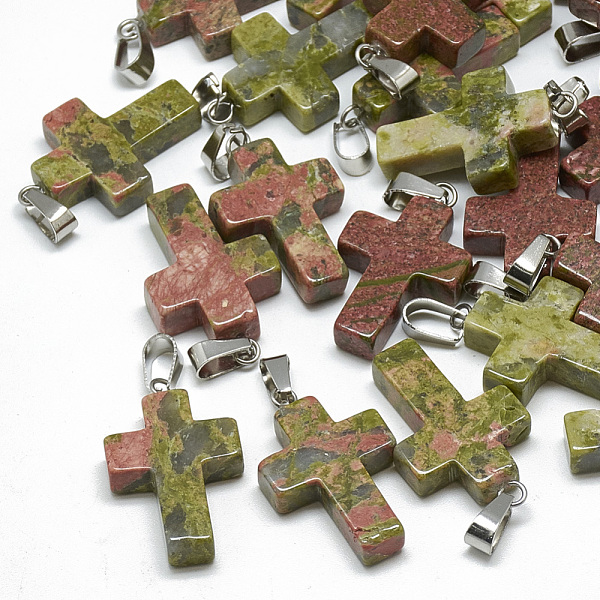 

PandaHall Natural Unakite Pendants, with Stainless Steel Snap On Bails, Cross, 29~30x18~19x5~6mm, Hole: 6x4mm Unakite Cross
