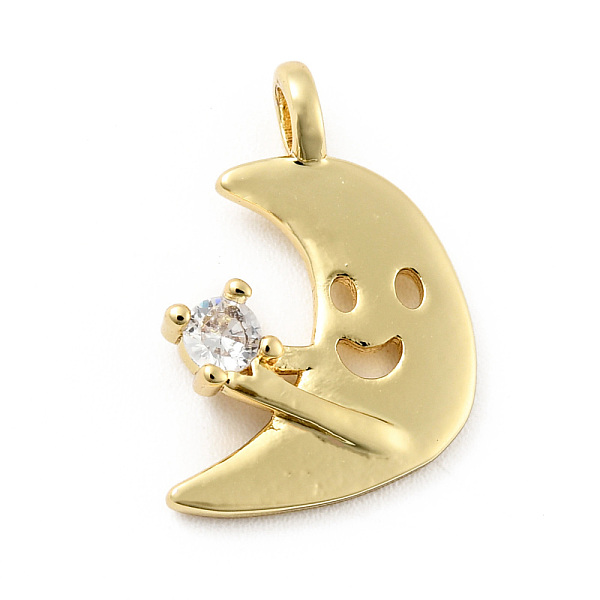 Lune Avec Visage Souriant Pendentifs En Laiton Micro Pavé De Zircons Cubiques Transparents