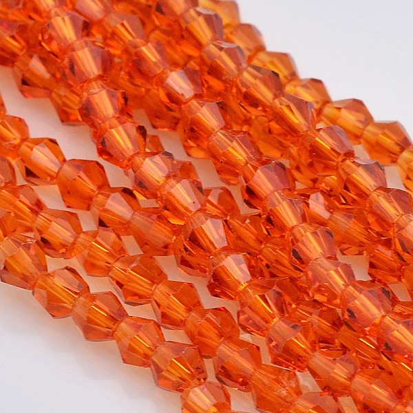 

PandaHall Faceted Bicone Glass Beads Strands, Orange Red, 3.5x3mm, Hole: 1mm, about 113~115pcs/strand, 36~36.5cm Glass Bicone Red