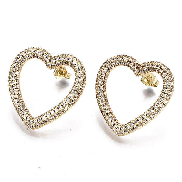 

PandaHall Brass Micro Pave Clear Cubic Zirconia Stud Earrings, with Ear Nuts, Heart, Nickel Free, Real 16K Gold Plated, 25x25mm, Pin: 0.8mm...